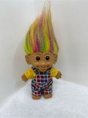 Vintage Bright Of America Troll Doll Plaid Overalls Rainbow Hair Earring Fun 90s